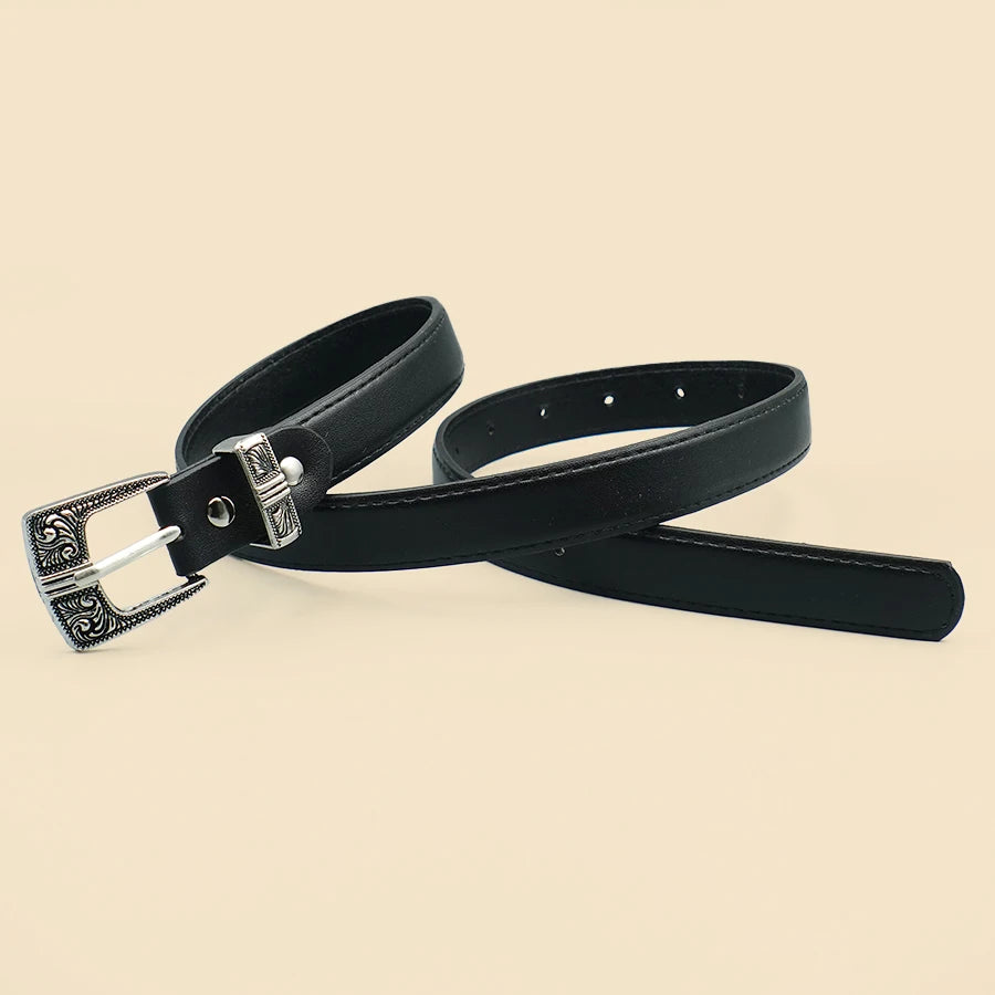 Black Border Women's Belt Solid Color Casual Daily Belt Silver Carved Alloy Buckle Daily Commuting Date Fashion Accessories
