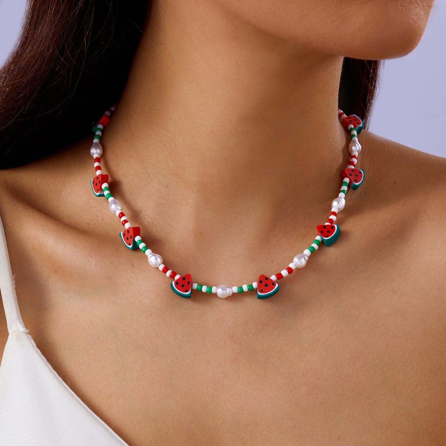 Sweet Y2K Watermelon Strawberry Pendant Necklace for Women Girls Elegant Imitation Pearl Clavicle Chain Neck Jewelry Accessories
