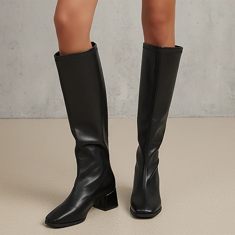 Black Pu Leather Knee High Boots Women Fashion Back Zipper High Heels Long Boots Woman Plus Size 35-42 Thick Heel Knight Boots