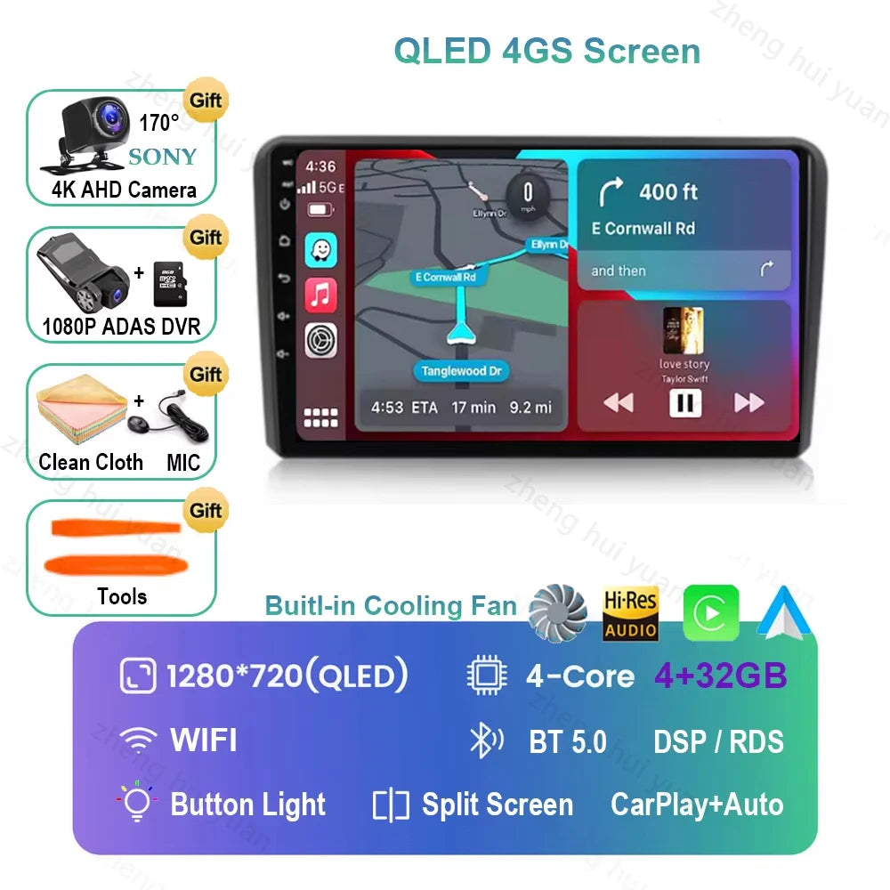 For Audi A3 8P 2003 2004 - 2013 Android 16 GPS WIFI 4G Carplay&Auto Car Radio Navigation QLED Multimedia Stereo Player BT