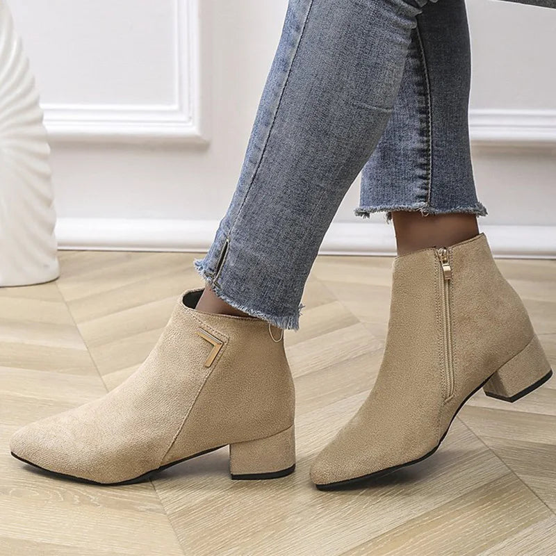 Spring Autumn Fashion Faux Suede Ankle Boots Women Solid Color Zipper Boots Woman Metal Decoration Pointed Toe Botas Lady