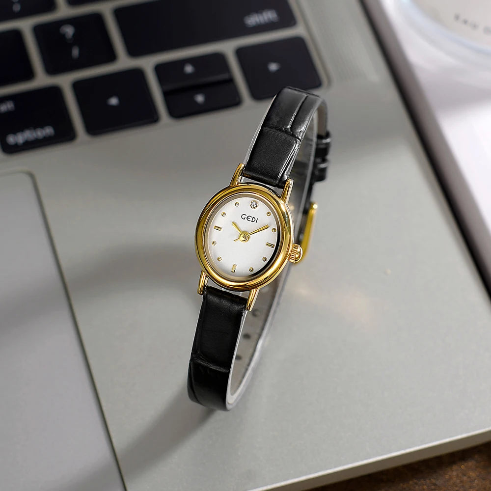 GEDI Vintage Small Watch Woman Elegant Oval Leather Strap Quartz Ladies Watches Wristwatch Waterproof Fashionable