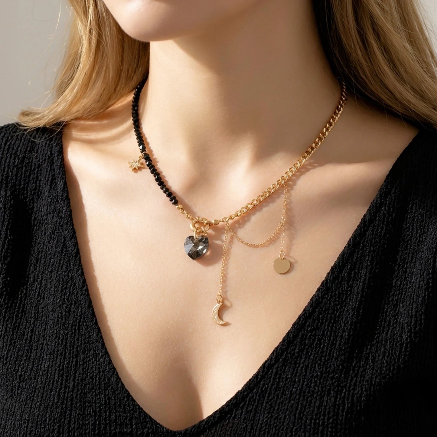 Y2K Heart Tassel Beaded Choker Necklace for Women Boho Irregular Crystal Class Gravel Clavicle Chain Elegant Fashion Jewelry