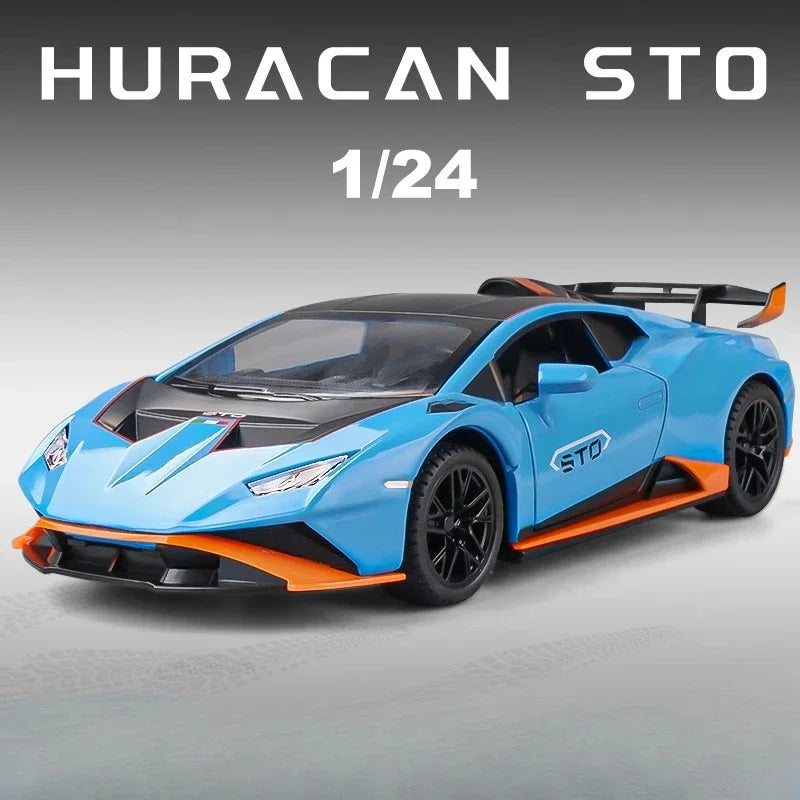 1/24 Scale Huracan STO 2021 Alloy Model Sport Car Toy Diecast Metal With Pull Back Sound light Vehicle for Kids Gifts Collection