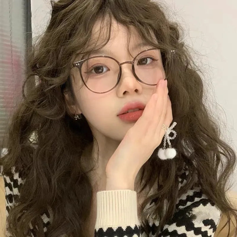 Anti-Blue Light Plain Glasses Ultra-Light Blush Cold Brown Color Korean Anti Radiation Eyeglasses Round Metal Frame