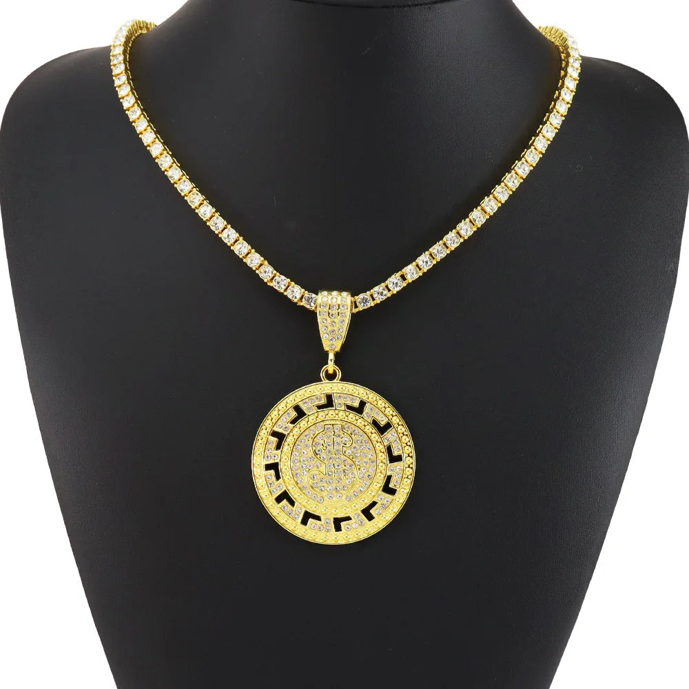 New Men Hip Hop Round US Dollar Money Sign Pendant Necklace With 4mm Tennis Chain Good Luck Necklace Hiphop Couple Gifts Jewelry