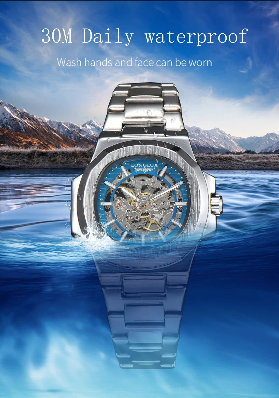 Silver LONGLUX Men automatic mechanical watch luxury waterproof skeleton Watches