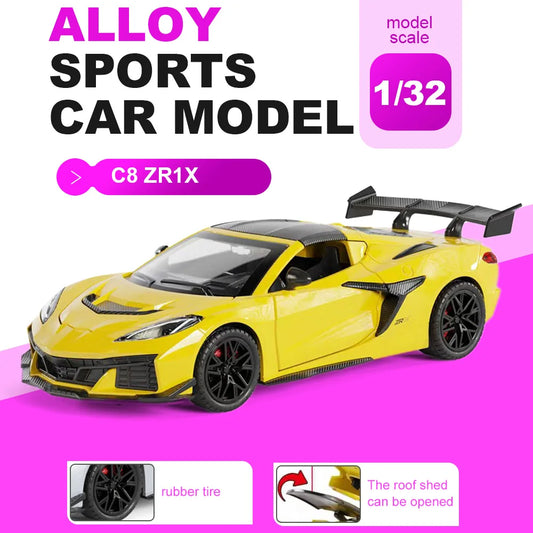 1:32 Scale C8 C2 Diecast Model Toys Alloy Car Hood Can Opened Rear Wheel Return Force Miniature Vehice Christmas Gift Decoration