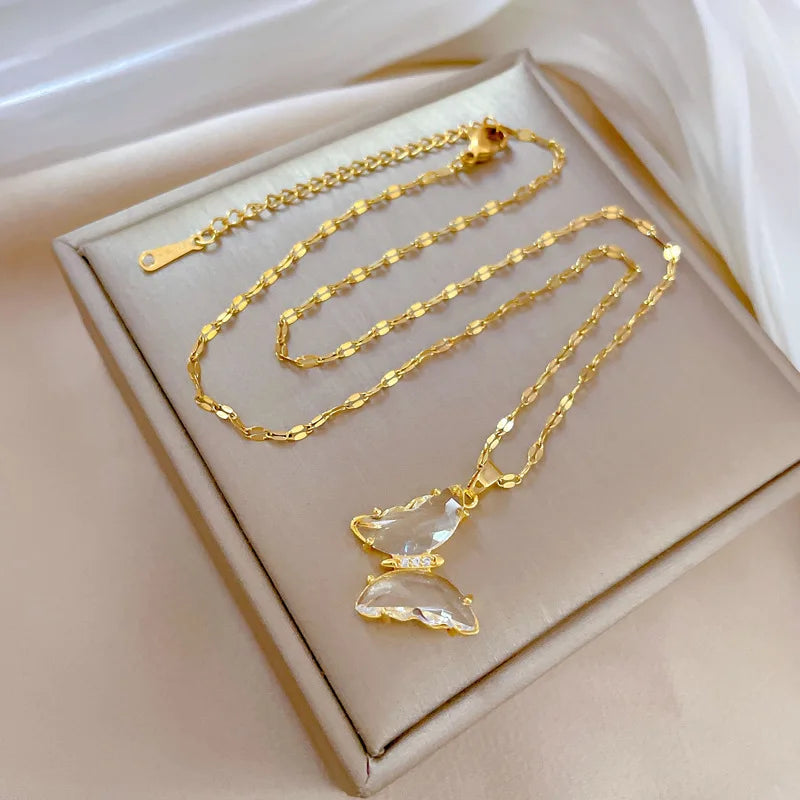 Stainless Steel Butterfly Zircon Pendant Necklace For Women Girls Fashion Persoanlity Clavicle Chain Choker Jewelry Gift Bijoux