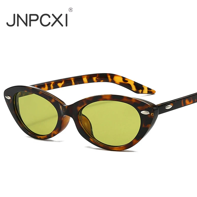 JNPCXI New Cat Eye Rivets Women Sunglasses Fashion Candy Color Shades UV400 Retro Men Trending Leopard Green Sun Glasses
