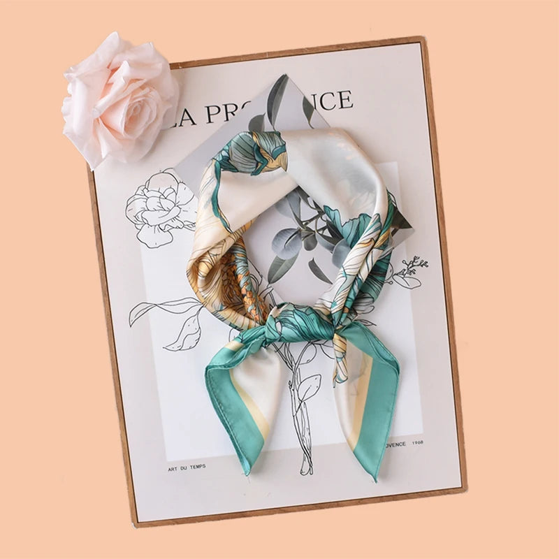 1pc Sweet Large Flower Print Silk Satin Square Scarf Women's Hair Accessory Spring New Style Versatile Belt Bag Decoration Heads