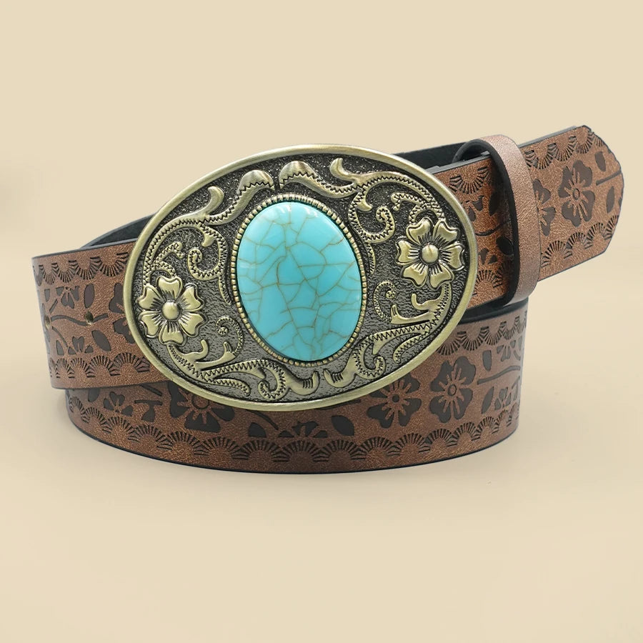 Elegant Vintage Royal Women's Belt - Floral Design with Blue Turquoise Buckle, Perfect for Daily Commute & Travel