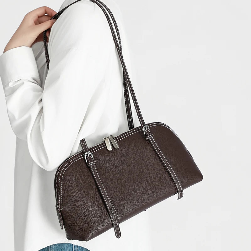 Fashion Women Cowhide Genuine Leather Solid Color Tote Bag Large Capacity Shoulder Bag Trendy Versatile All-match Commuting Bag