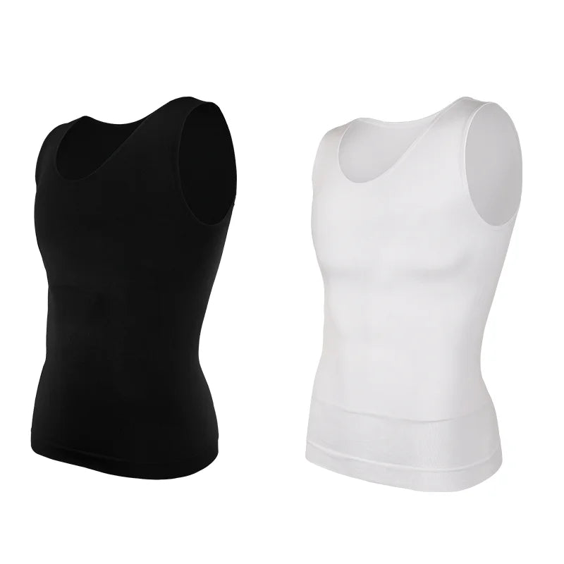 2PC Men Compression Shirt Tummy Control Slim Vest Waist Trainer Workout Top Ves