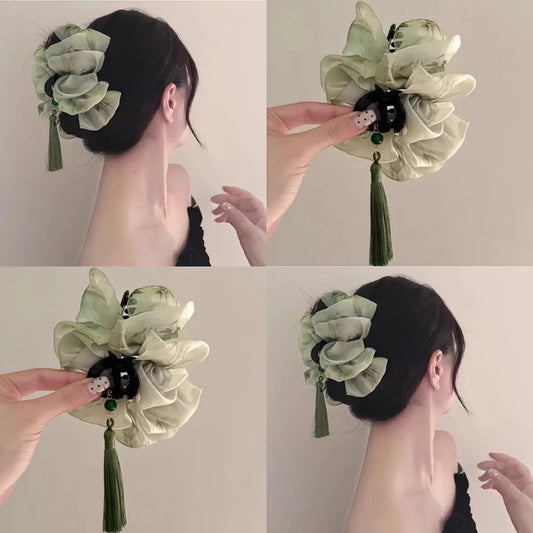 1/2pcs Retro Tassels Ink Painting Hair Clip for Woman Elegant Shark Clip Fashion Girl Back of The Head Hair Clamp