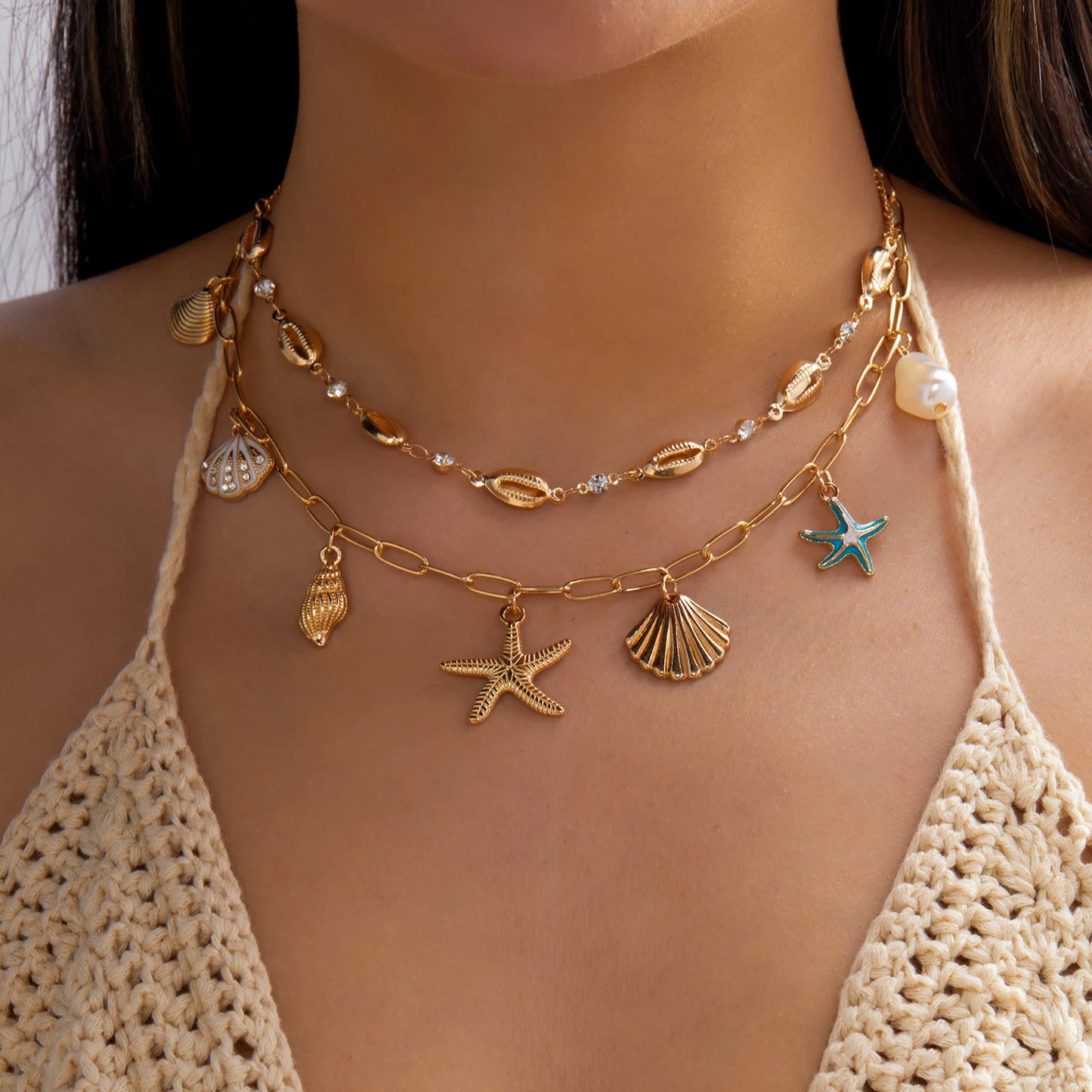 Boho Summer Beach Layered Necklace Set for Women Gold Color Shell Starfish Rhinestone Faux Pearl Vacation Jewelry
