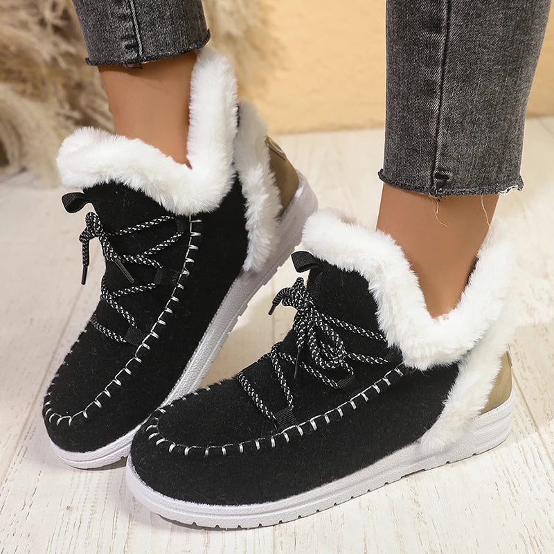 Red Thick Plush Lace Up Snow Boots Women Plus Size 43 Non Slip Sole Cotton Shoes Woman Comfortable Warm Fluffy Winter Boots