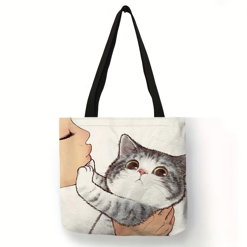 Cute Cartoon Cat Print Tote Bag, Large Shoulder Bag, Women's Casual Handbag