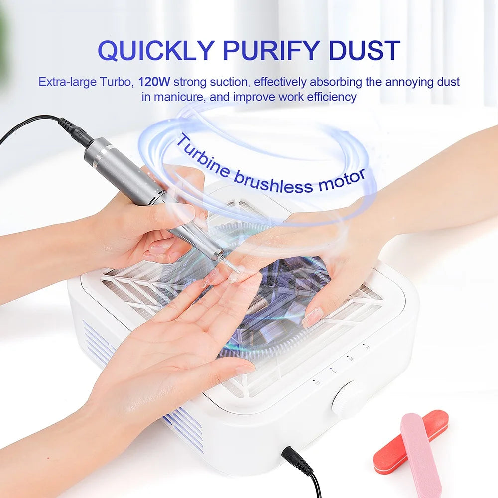120W Powerful Nail Dust Collector Super Suction Brushless Nail Dust Extractor Nail Art Manicure Fan Vacuum Cleaner With 2 Filter