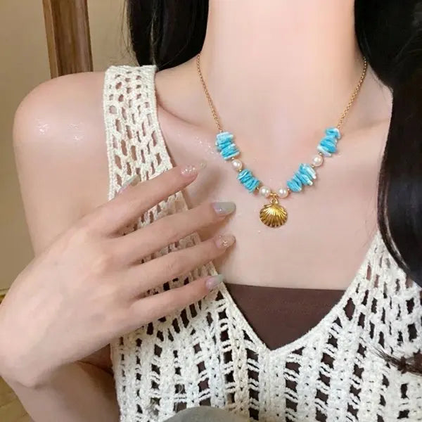 Summer Gravel Pearl Shell Necklace Bohemian Crushed Stone Choker Elegant Beach Jewelry