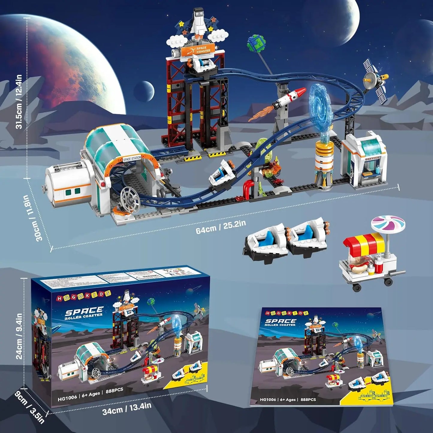 Space Roller Coaster Building Toy-888PCS Lift Platform, Satellites, Rocket Park