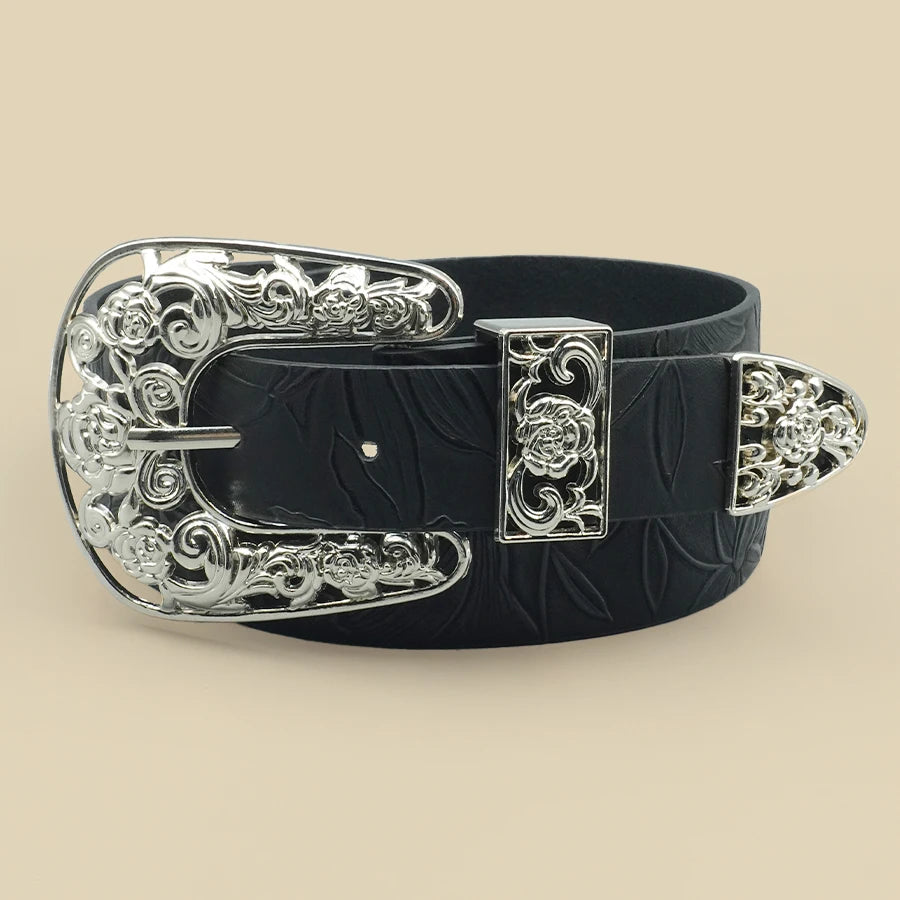 Black Retro Leaf Print Women's Belt Silver Hollow Carved Buckle Daily Commuting, Dating, Casual Accessories