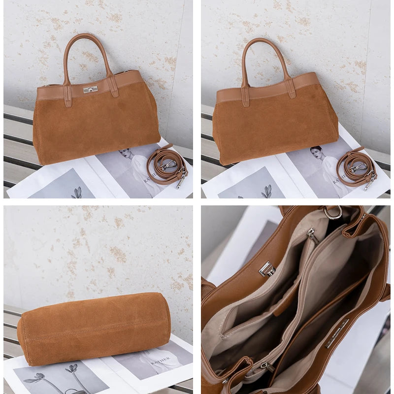 New Women's Natural Suede Leather Shoulder Bag Female Casual Soft Cowhide Durable Handbags Ladies Fashion Luxury Designer Bags