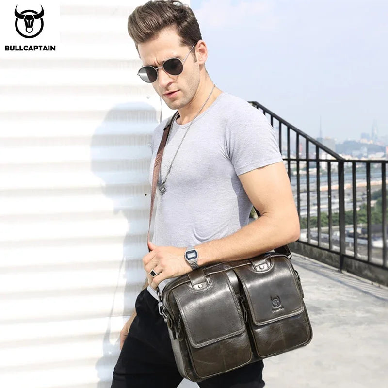 BULLCAPTAIN Men's Real Leather Briefcase 14 Inch Laptop Sleeve ,Casual Shoulder Messenger Bag, Tote, Work, Office, 042