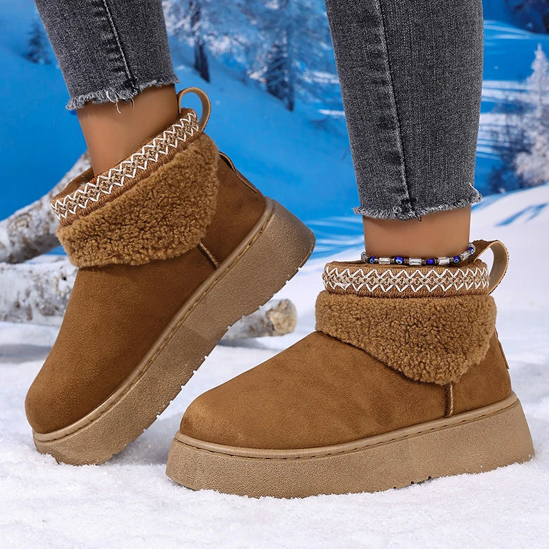 Embroidery Fau Suede Platform Snow Boots for Women Thickened Lining Warm Winter Shoes Woman Thick Sole Slip On Ankle Boots 42