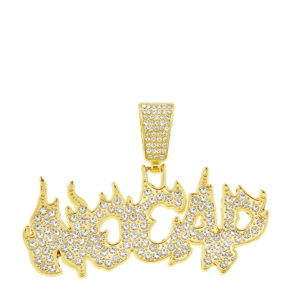 Trendy Hip Hop Iced Out Bling Flame ‘No Cap’ Letters Pendants Necklace With 15mm Cuban Chain Necklaces For Men Charm Jewelry