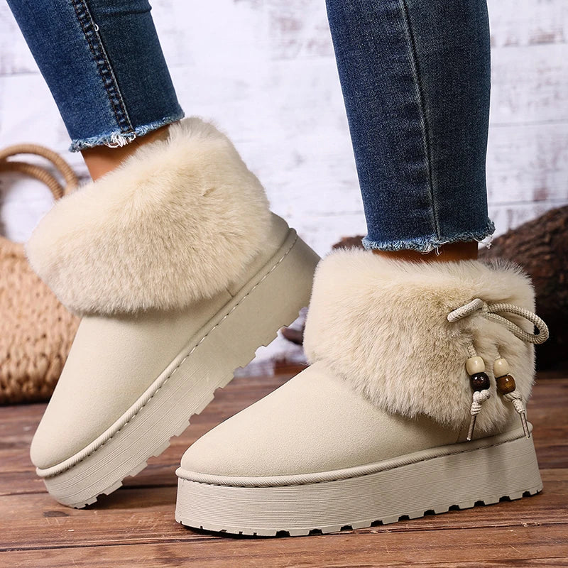 Thick Platform Faux Fur Snow Boots Women Bow Thicken Plush Winter Ankle Boots Woman Plus Size 43 Non Slip Warm Cotton Shoes