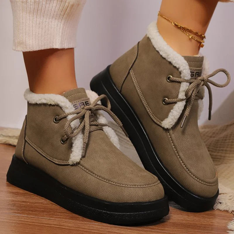 Retro Fleece Thick Warm Ankle Boots Women Lace Up Platform Snow Boots Woman Winter Pu Leather Short Plush Booties Female