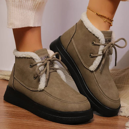 Retro Fleece Thick Warm Ankle Boots Women Lace Up Platform Snow Boots Woman Winter Pu Leather Short Plush Booties Female