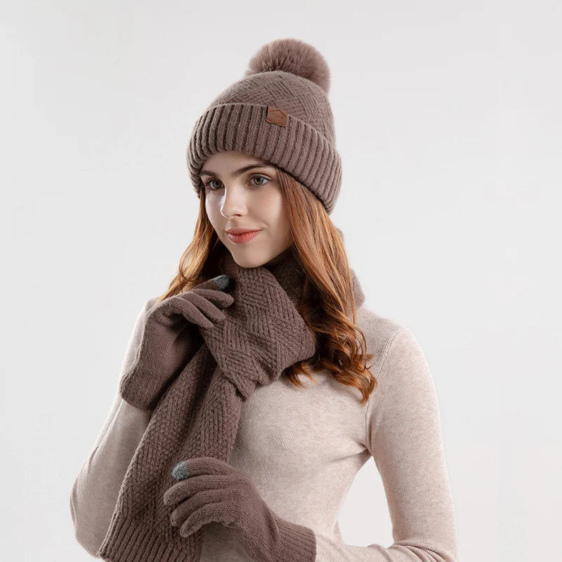 Xinbaoguan 100% Acrylic 9988 Winter Korean Edition Fashion Knitted Wool Warm Hat Scarf Glove 3-Piece Set Ear Protection Hoodie