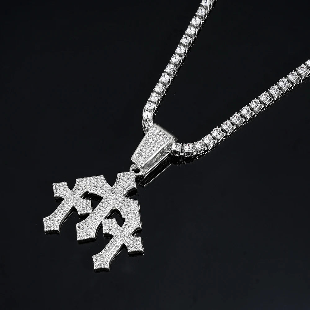 2026 New Men's Iced out Stacked Crosses Pendant Necklace Hip Hop Jewelry with exaggeration 13mm Cuban Chain Rhinestone Gift
