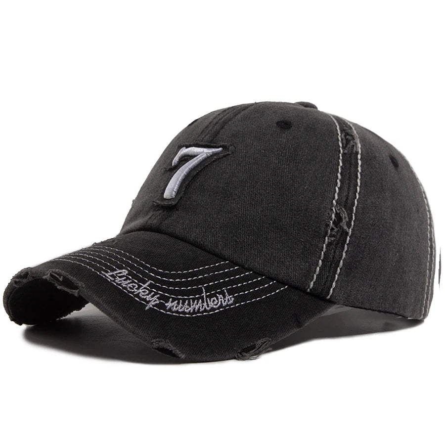 Men‘s Baseball Cap White Line 7 Embroidered Patch Women Hat Summer Vintage Break Hole Visor Casual Caps Fashion Hats For Unisex