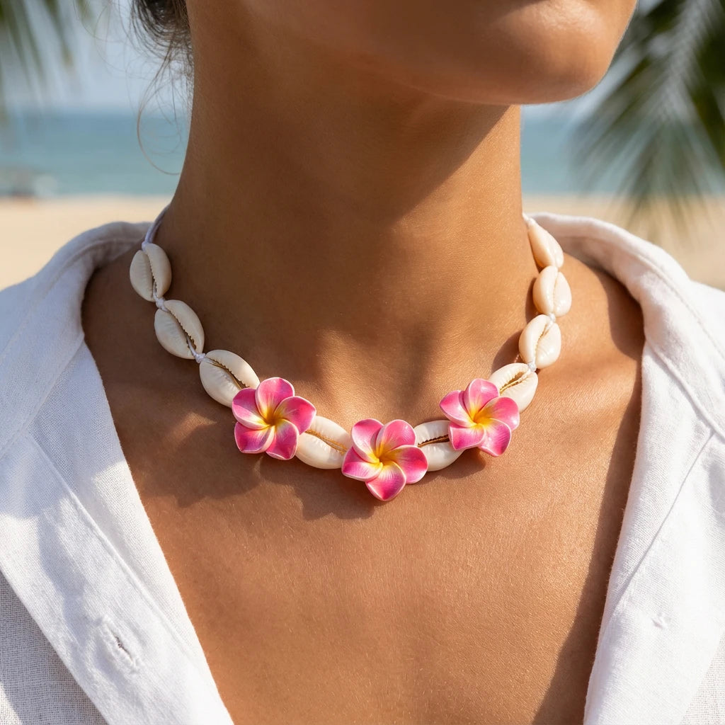 Bohemian Cowrie Shell Necklace Y2K Aesthetic Pink Plumeria Flowers Summer Beach Choker for Women Hawaiian Vacation Jewelry Gift