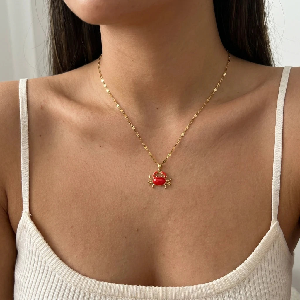 Minimalist Red Enamel Crab Pendant Necklace for Women Copper Gold Tone Chain Simple Ocean Charm Cute Statement Jewelry Gift
