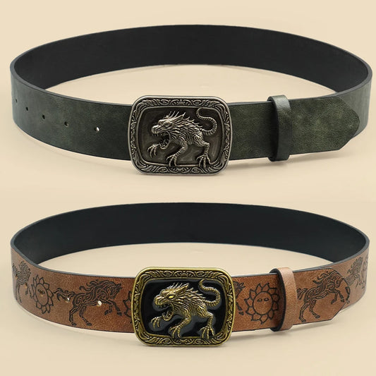 Western Cowboy Street Style Belt - Monster Motif Carved Vintage Print for Daily Wear, Commute & Casual Outfits