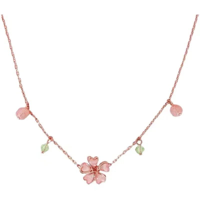 Korean Sweet Cherry Blossom Zircon Pendant Necklace Luxury Crystal Flower Clavicle Chain Necklace for Women Wedding Jewelry Gift
