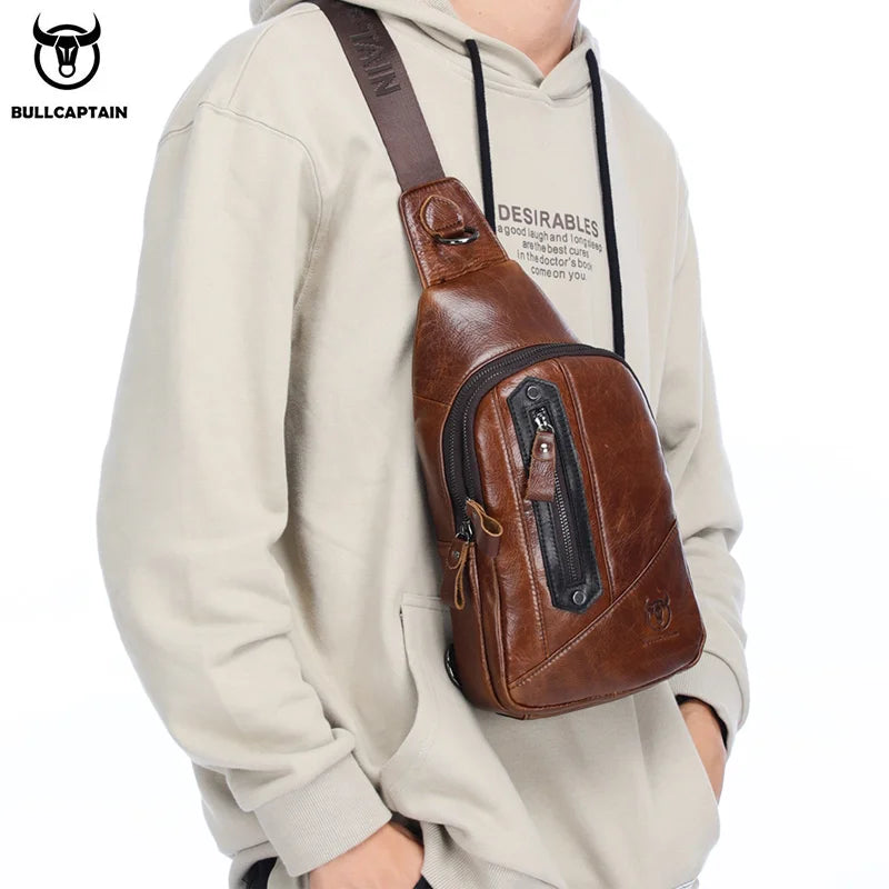 BULLCAPTAIN Leather Fashion Men's Chest Bags Casual Messenger Bag's Multi-Function Mobile Phone Compartment Bages Chest Bag Men