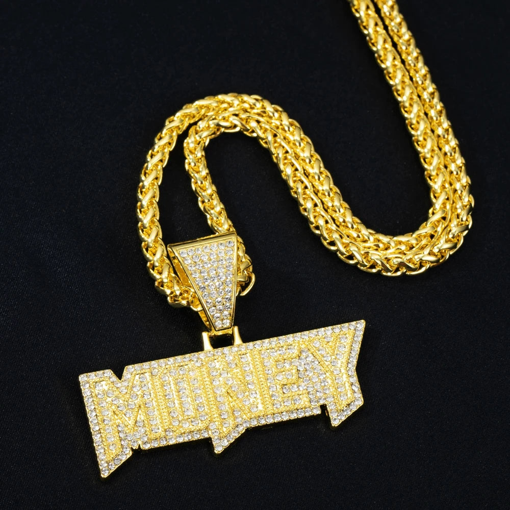 Men's Luxury Iced Out Bling Letter Money Pendants Necklace With Long Twist Rope Chain For Woman Men Hip Hop Jewelry Gift for Him