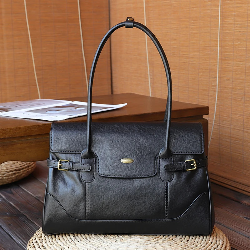Women's Top-grain leather Underarm Bag Ladies Luxury Designer Genuine leather Handbags Large Capacity Commuting Tote Bags