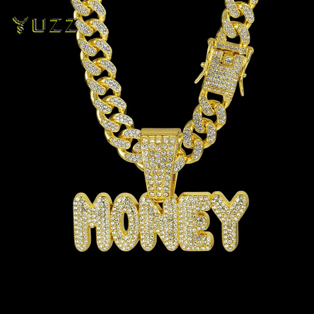 Men Women Hip Hop Bling MONEY Letters Pendant Necklace with Miami Cuban Chain Iced Out Bling HipHop Necklaces Male Charm Jewelry