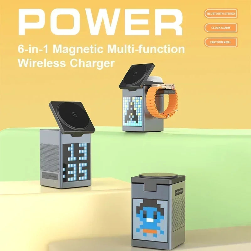 6 in 1 Magnetic Wireless Charger Multifunction with Bluetooth Speaker Alarm Clock for Iphone 16 15 Pro Max for Airpods 2 Iwatch