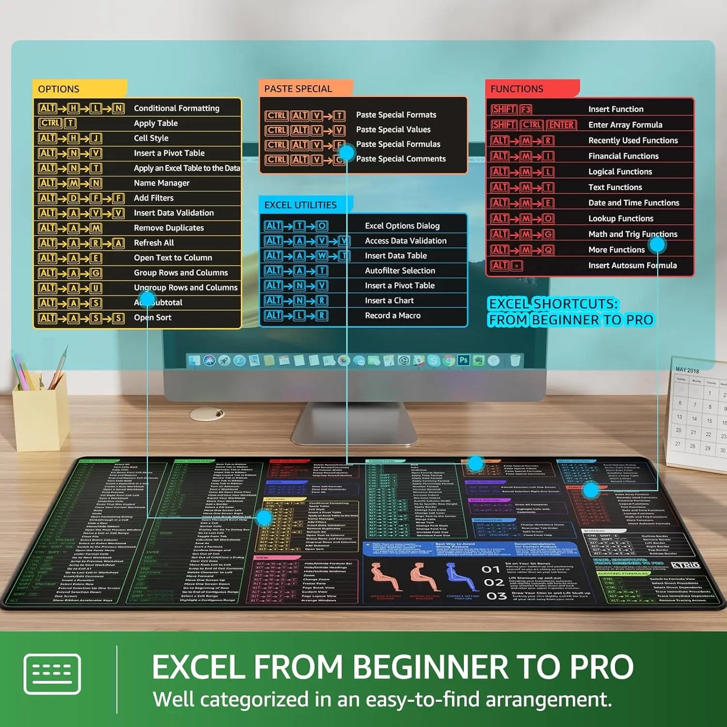 Excel Shortcuts Mousepad, Extended Mouse pad with Stitched Edges, Non-Slip Base,Keyboard Pad for Office & Home, Excel Shortcuts