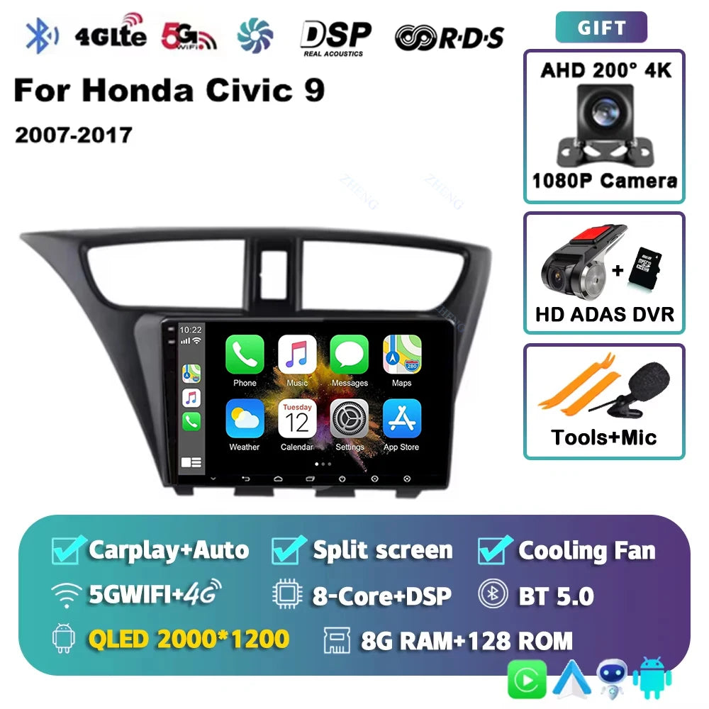 Carplay Android 14 Car Radio for Honda CIVIC 9 2011-2017 Qualcomm mulitmedia Video player Autoradio GSP Navigation Stereo screen