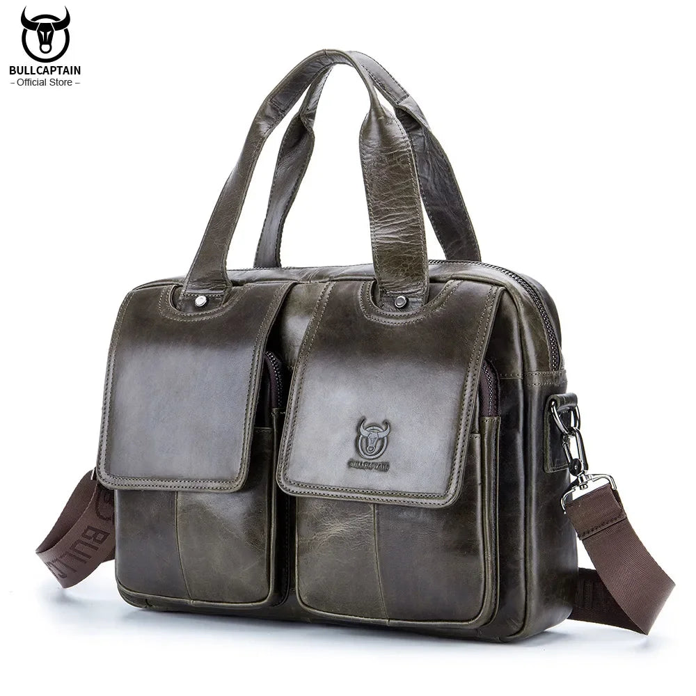 BULLCAPTAIN Men's Real Leather Briefcase 14 Inch Laptop Sleeve ,Casual Shoulder Messenger Bag, Tote, Work, Office, 042