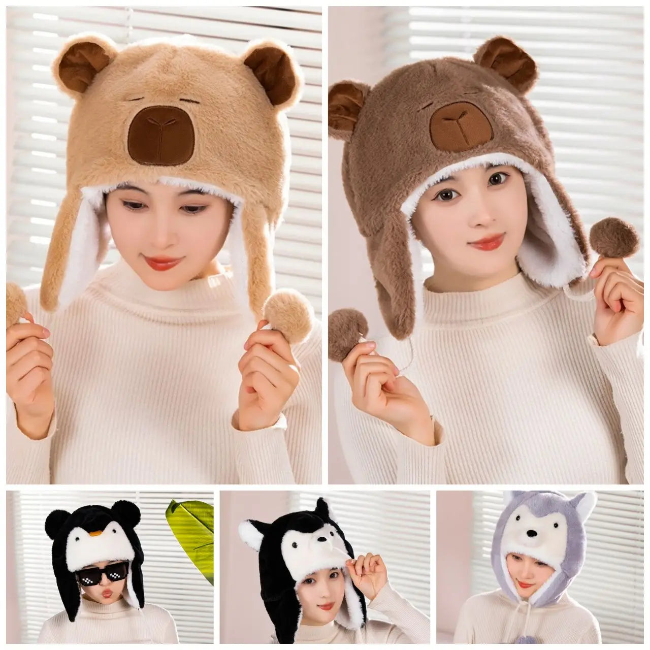 Cute Capybara Penguin Plush  Hat For Cycling Warm  Family And Friends Cartoon Husky Hat Christmas Gifts for the Winter Holidays