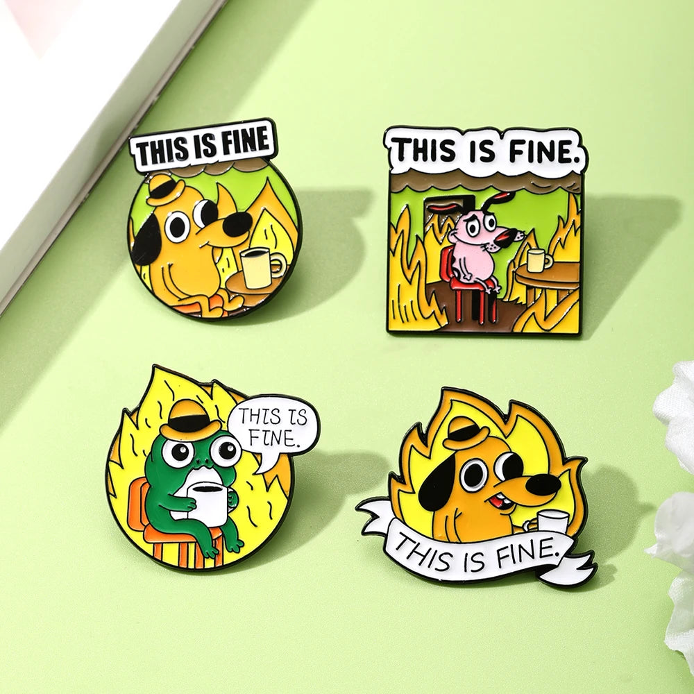 4PCS Yellow Anime Cartoon "This Is Fine" Hound Dog Chair Comic Brooch Animals Flames Enamel Pins Fashion Cute Bag Backpack Jewel